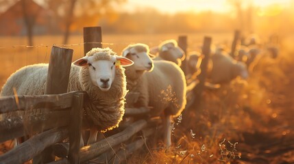 A group of cute sheep gathered around a rustic wooden fence, their woolly coats shining in the golden light of the setting sun - obrazy, fototapety, plakaty