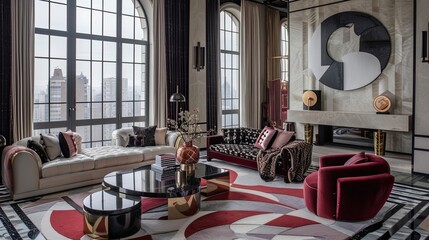 Art Deco-inspired penthouse with geometric patterns, mirrored accents, and plush velvet furniture.