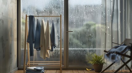 Cozy Clothes Drying in Rainy Day Home Interior with Window