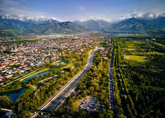 Aerial view panorama of river and mountains in Almaty
