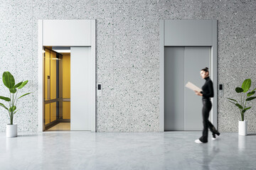 Woman brisk walking past modern elevator in office lobby, corporate hustle concept