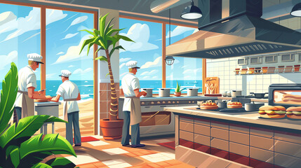 Chef in the kitchen provides cooking training to students.Schoolgirls happily cook together.children wearing cooking uniform. Professional chef preparing meal in high end restaurant kitchen. 