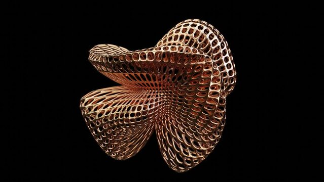 Realistic looping 3D animation of the abstract morphing wireframe textured brass form rendered in UHD with alpha matte