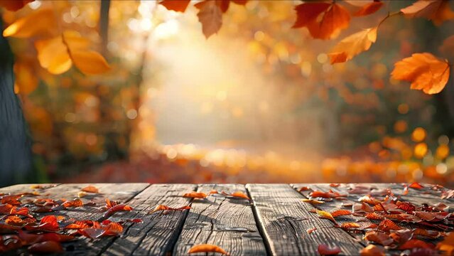 Empty table forefront with a diffuse backdrop of an autumnal park, capturing the essence of the season