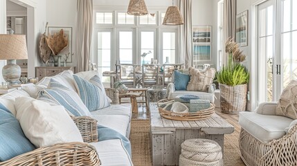 Coastal chic beach house with driftwood accents, rattan furniture, and sea-inspired decor.