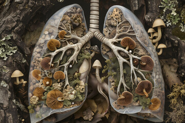 In a striking illustration, a pair of human lungs are depicted as transparent, with fungi growing inside