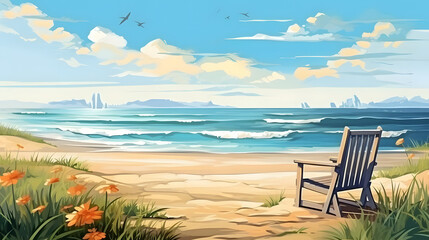 Coastal Calm, Relaxing Seaside Scene in Summer, Realistic Beach Landscape. Vector Background