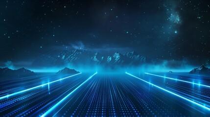 futuristic background with blue glowing lines and mountain range in the distance, dark sky, light rays shining through