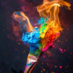 A paintbrush with a rainbow of colors splattered on it