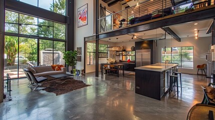 Contemporary urban loft with open floor plans, concrete floors, and lofted ceilings.