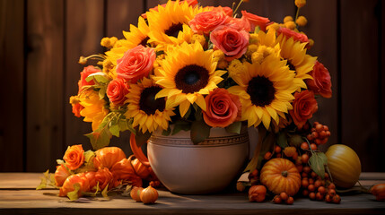 An autumnal display of sunflowers and orange roses,