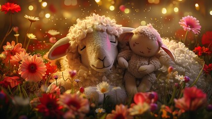 A heartwarming depiction of a sheep cuddling a plush toy version of itself, surrounded by flowers...
