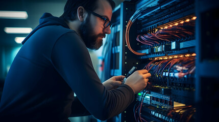 Obraz premium An IT administrator configuring a network firewall for enhanced cybersecurity