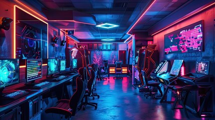 Fototapeta premium Futuristic cyberpunk-themed gaming room with neon lighting, virtual reality stations, and futuristic gaming consoles.