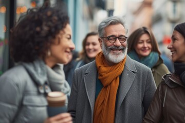 Portrait of a senior man with friends in the background, talking and drinking coffee