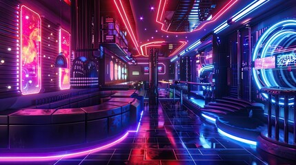 Futuristic cyberpunk-themed nightclub with neon lighting, holographic displays, and electronic...