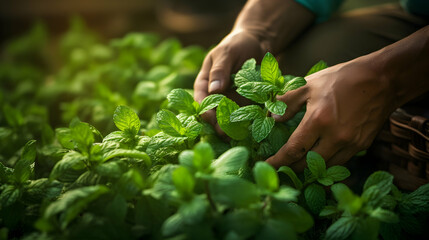 Aromatic mint leaves being gently harvested,