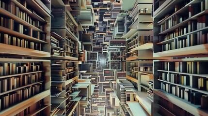 Capture the essence of file organization through a digital masterpiece featuring a labyrinthine library maze