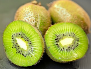 Close-up of sliced kiwi fruits showcasing their bright green flesh and tiny black seeds, highlighting their juicy and fresh appeal.