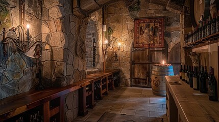 Gothic castle-inspired wine tasting room with stone walls, medieval tapestries, and candlelit...