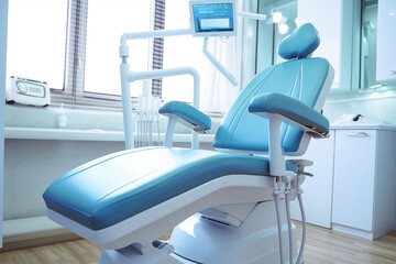 Fototapeta premium Dental Chair: Close-up of a comfortable dental chair in a treatment room, ready for a patient's appointment.