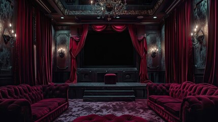 Gothic castle-inspired home theater with velvet curtains, throne-style seating, and immersive sound system.