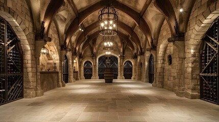 Gothic cathedral-inspired wine cellar with stone arches, vaulted ceilings, and wrought iron wine...