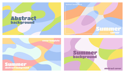 Summer banners with abstract liquid shapes. Fluid juicy illustration, cover template, geometric art in pastel colors and minimal style. Vector packaging layout. Background with flowing forms.
