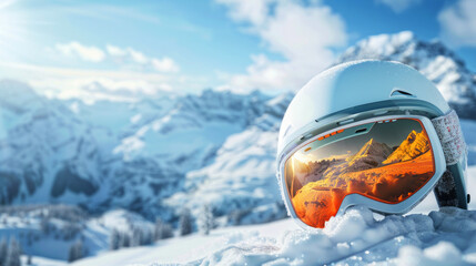 Ski helmet and goggles with reflective mountain view in a snowy landscape, evoking a winter adventure