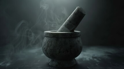 Dark and moody stone mortar and pestle with smoke, suitable for mystical themes. - Powered by Adobe