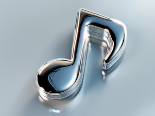 Metallic music note symbol with a reflective silver finish, set against blue.