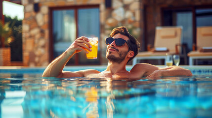 Relaxed young man enjoying a refreshing cocktail while floating in a resort pool on a sunny day