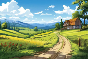 Beautiful Farm landscape illustration. Rural landscape with field, trees, grass and agricultural fields. Environmentally friendly area with blue sky and clouds. Road to a farm.