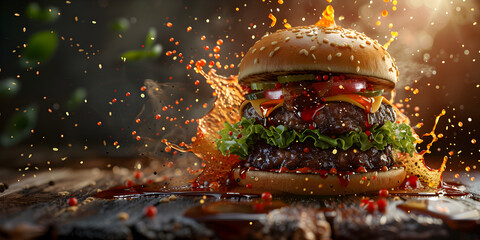 Burger with splashes of sauce on a dark background. Close-up. 
