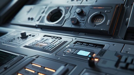 Fototapeta premium Futuristic spaceship abstract technological control panel with toggle switches and buttons or panel of unknown device or space ship