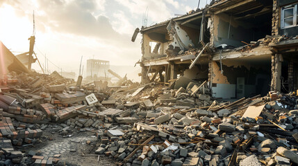 Devastation after a Natural Disaster, Destroyed Buildings and Debris under a Dramatic Sky