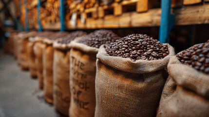 Obraz premium Coffee Beans in Burlap Sacks at a Roastery Warehouse