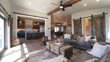 Modern farmhouse design with reclaimed wood, barn doors, and vintage accessories.