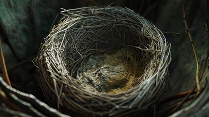 Close-up of an empty, intricately woven bird's nest in a dark setting.