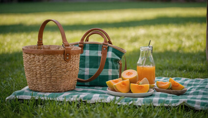 Summer Picnic Setup, Straw Sunhat, Cool Hydration, and Slices of Juicy Cantaloupe in Eco Tote. Atop Fresh Green Lawn Background.