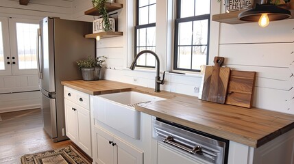 Modern farmhouse kitchen with shiplap walls, farmhouse sink, and butcher block countertops.