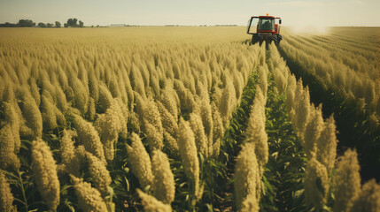 High above a bustling quinoa field during harvest