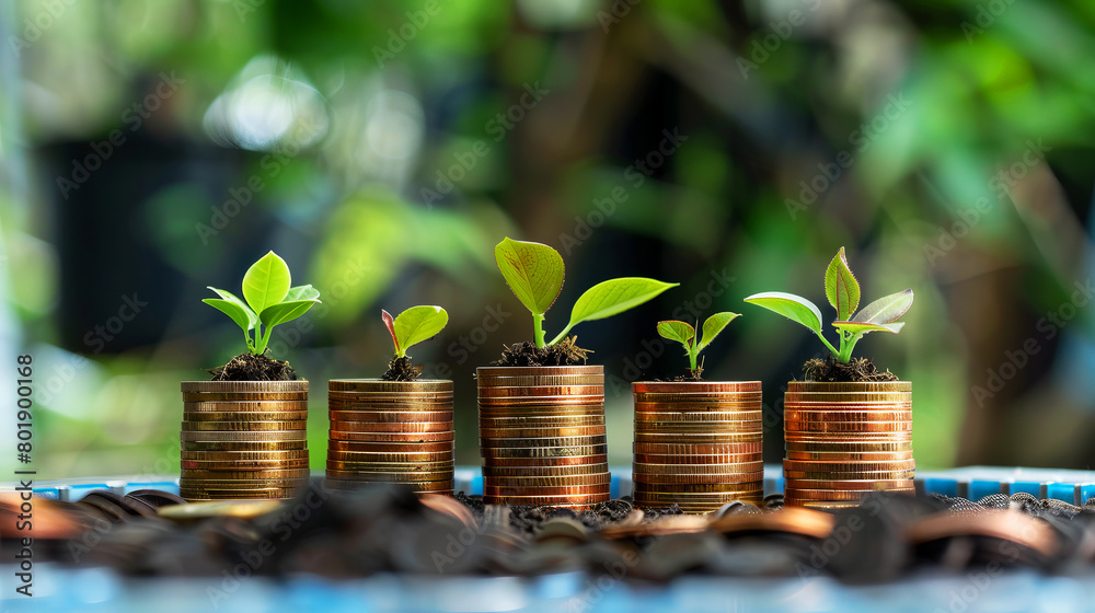 Wall mural plants growing on coin stacks against a blurred nature backdrop, illustrating economic growth and su