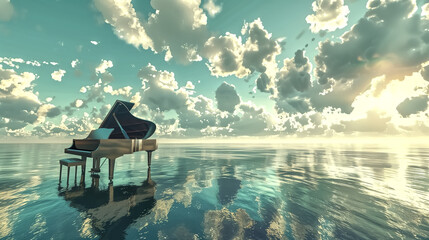 Piano sitting on clearing sea. sky. surreal. Generative AI. Beau