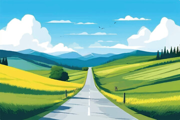 Road through beautiful Fields. Nature landscape. Vector background. Farm illustration. Field.