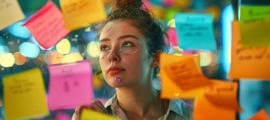 Obraz na płótnie Canvas a business woman looking out over sticky notes