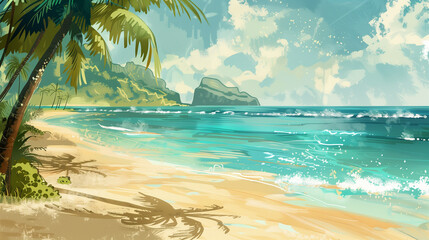 Tranquil Paradise: A Serene Beach Scene with Golden Sands and Swaying Palm Tree