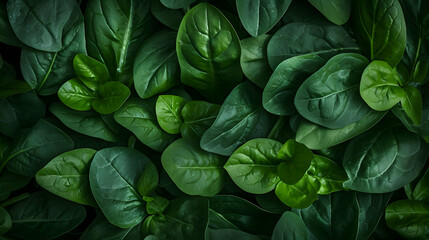 Overhead shot of freshly harvested spinach leaves