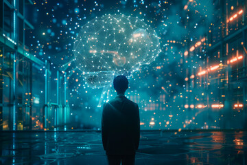 Back view of a man stands in the data center and looking at a holographic digital brain above his head that suggest artificial intelligence concepts.