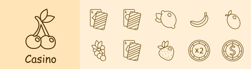 Casino set icon. Cards, suits, fruits, win, bet, doubling, chip, money, king, diamond, hearts, spades, banana, risks, excitement, ardor, passion, lemon, cherry, strawberry. Gambling concept.